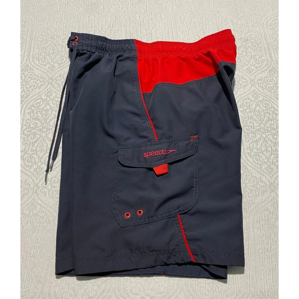 Speedo Mens XL Navy Blue Red Colorblock‎ Board Shorts Swim Trunks Cargo Pocket